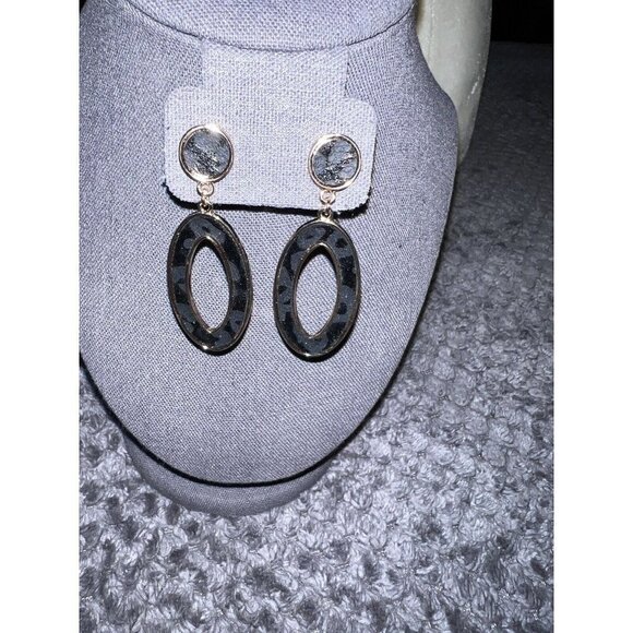Black Animal Print Gold Tone Oval Drop Earrings - Picture 2 of 3
